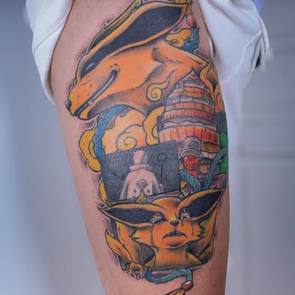 Tatouage couleur renards inspiration japonaise sur cuisse, réalisé à Saint-Pierre