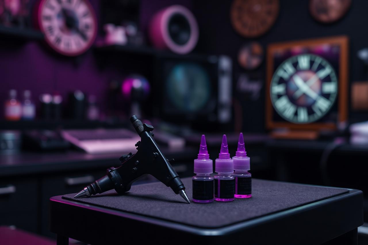 Poste de travail du salon : machine et encres violettes, ambiance propre et soignée